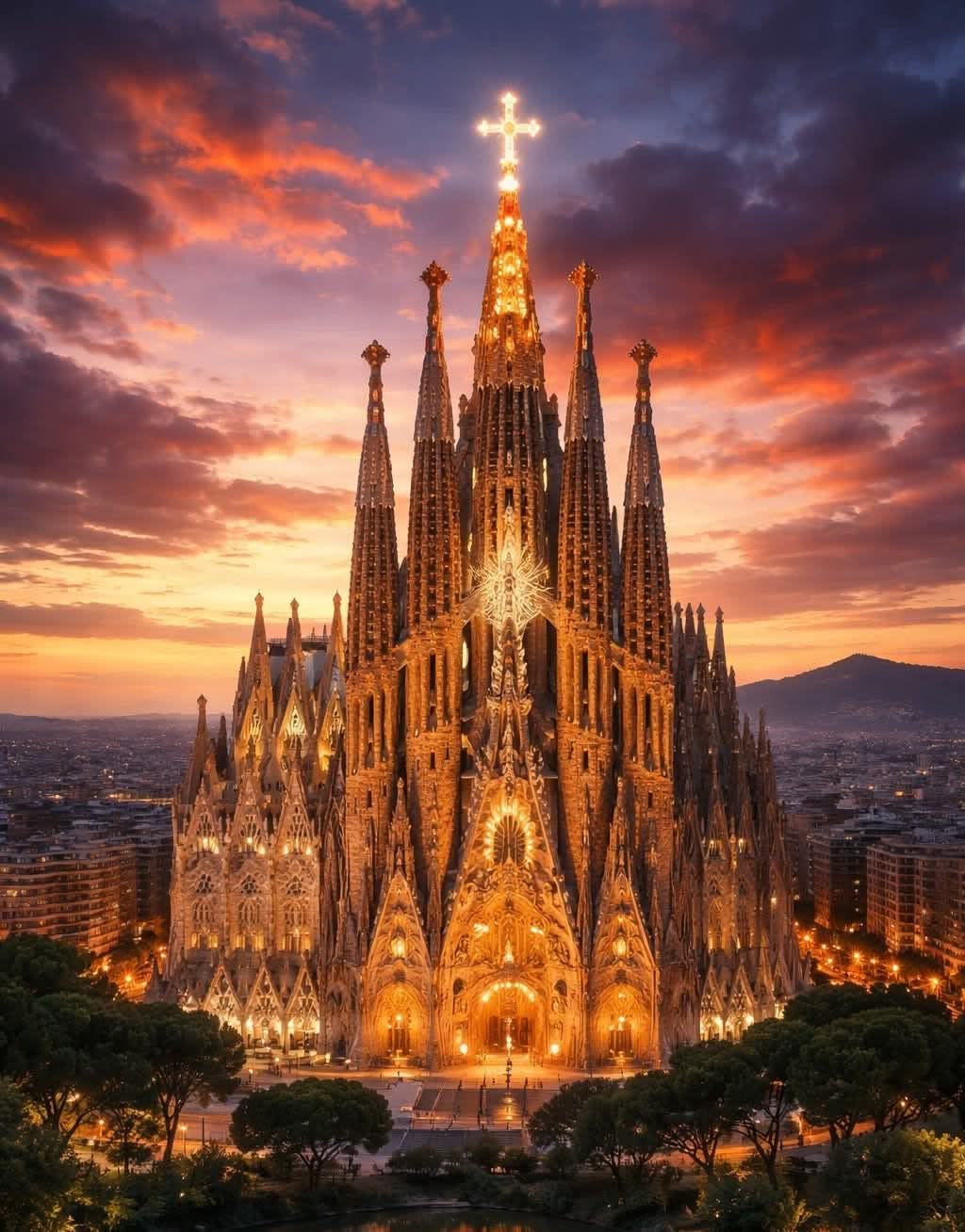La Sagrada Família lit up at sunset over Barcelona.