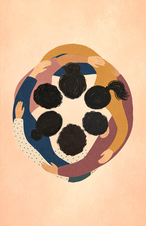 Illustration of five people hugging in a circle, seen from above.
