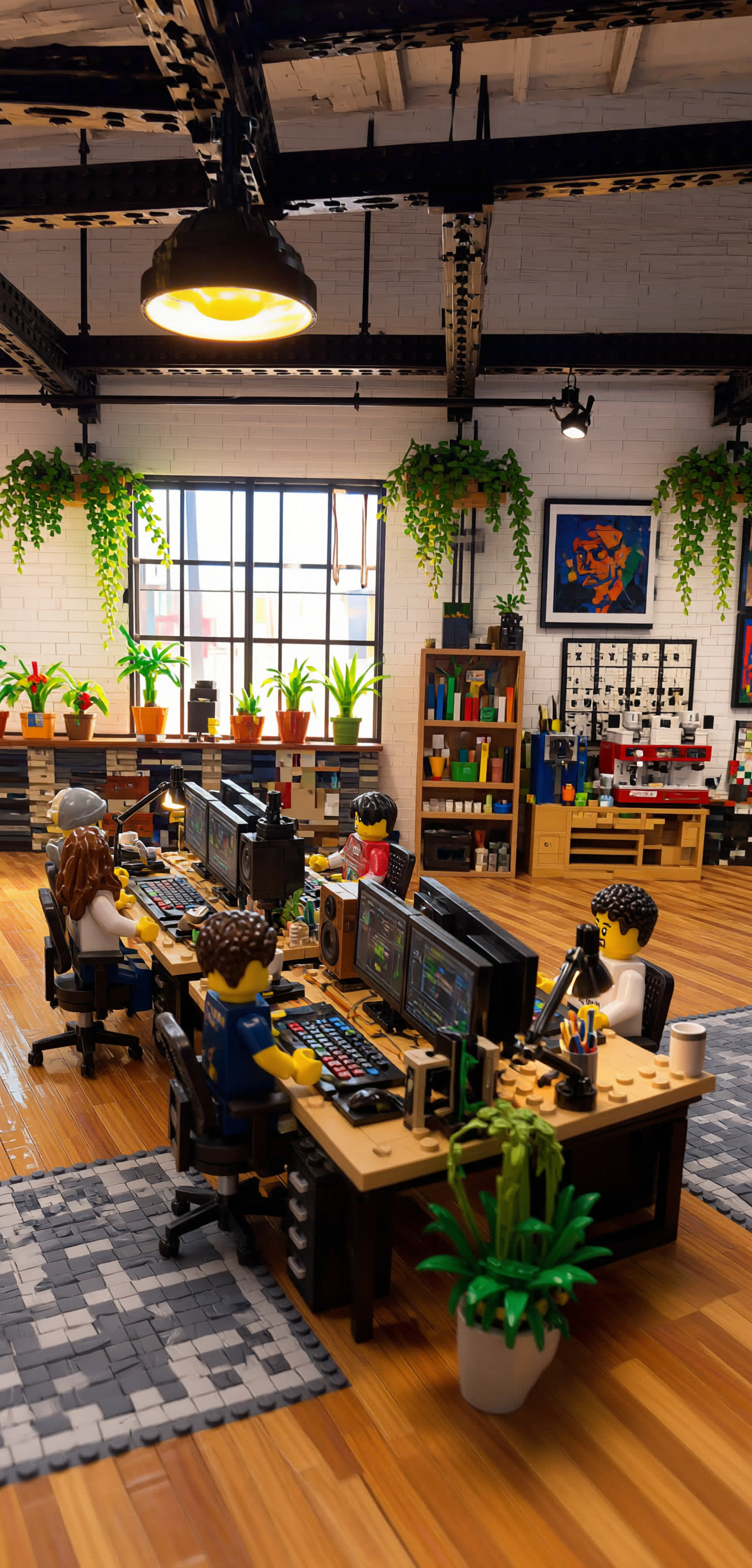 Playful LEGO-style render of the Arcade studio: minifigures at edit desks in a plant-filled loft.